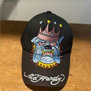 Ed Hardy Black Cap with Embroidered Bulldog and Pink Crown